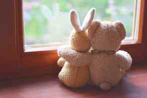 Best friends teddy bear and bunny toy sitting on brown window sill hugging each other and looking out of window on vintage tone. Love, family and friendship background.