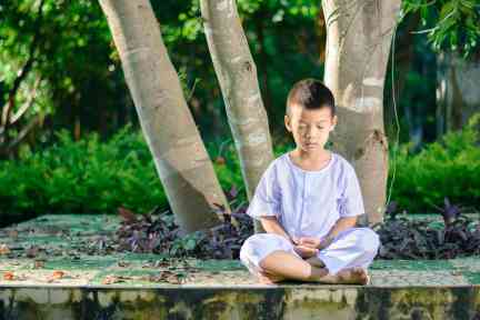 kid on white clothing , practice sitting Meditation under the big tree with peace in mind